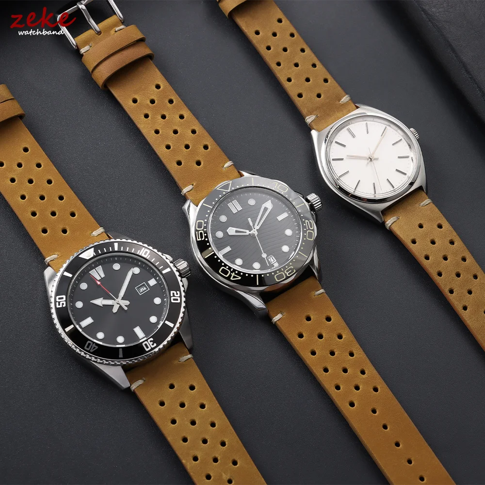 Handcrafted Perforated Cowhide Leather Watch Strap - Breathable and Stylish Wristband