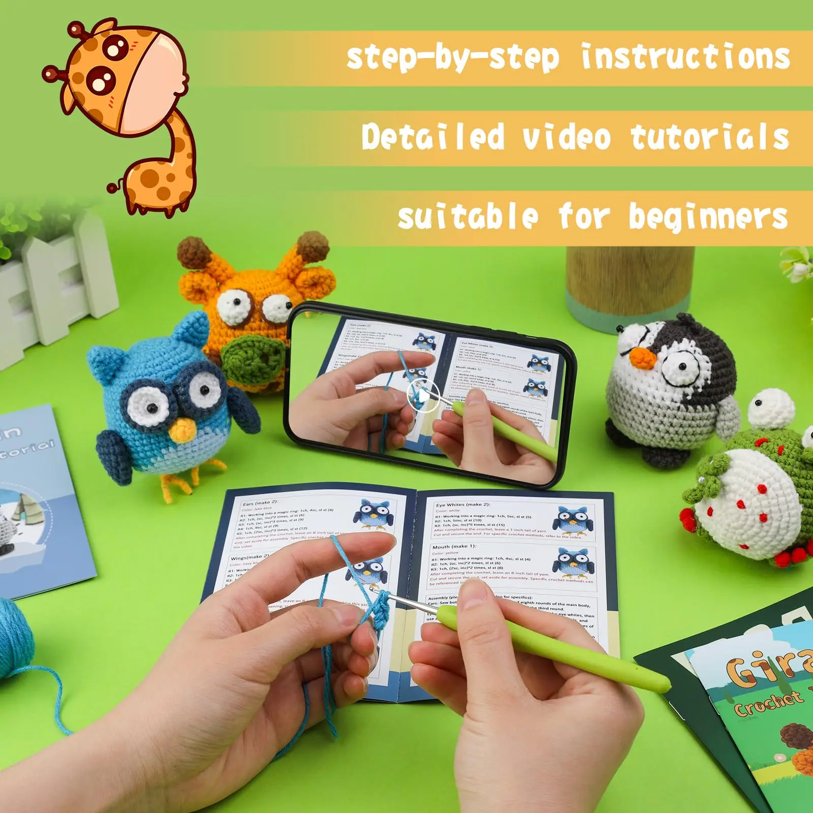 Fenrry Animals Crochet Kit Beginners Knitting Crochet Hook Extra Yarn Video Tutorials 4PCS crochet kit crochet hooks