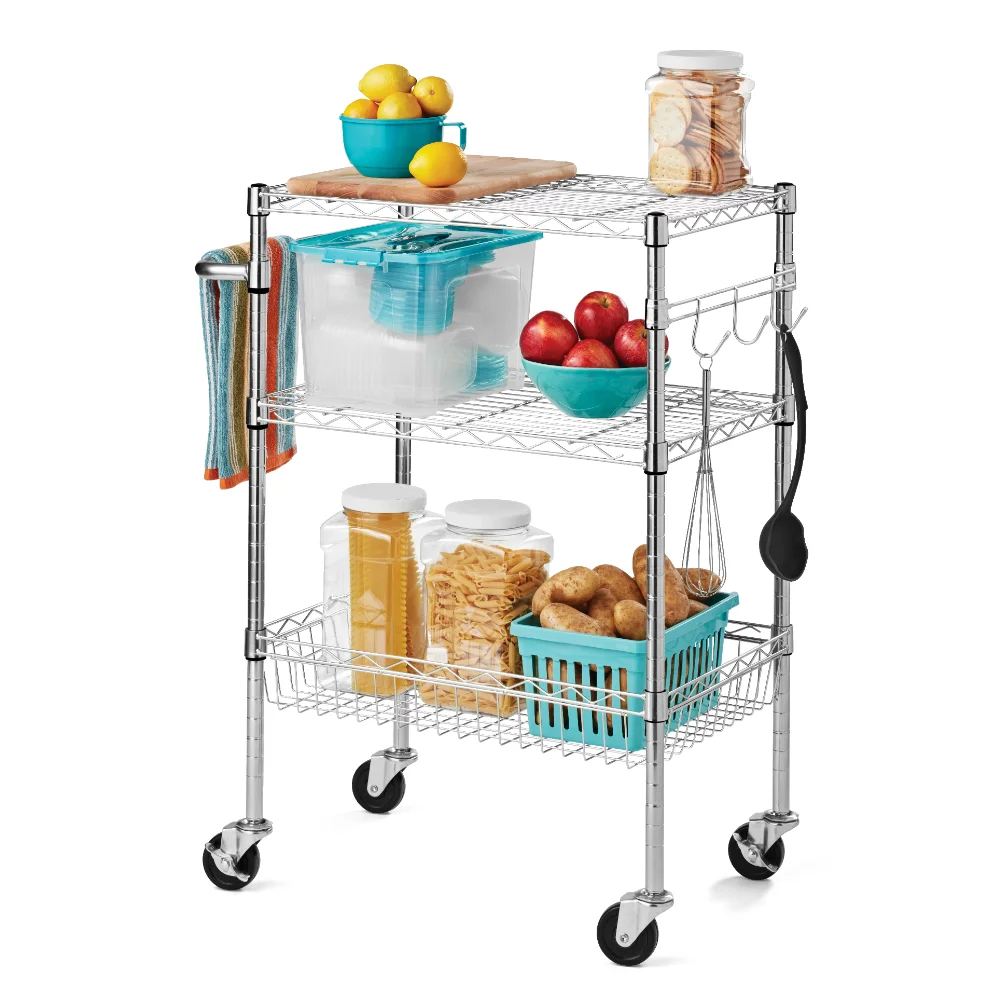 

3 Tier Wire Shelf Rolling Cart, Zinc, 500 lb Capacity