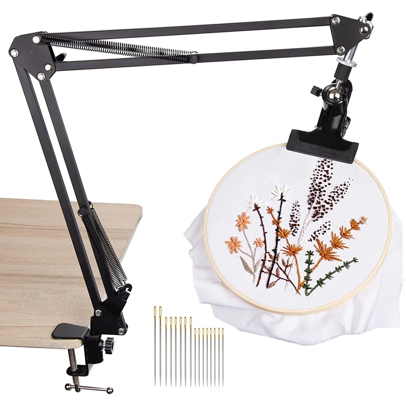 Adjustable Metal Embroidery Hoop Stand, Folding Embroidery Hoop Holder And 16 Pieces Needles