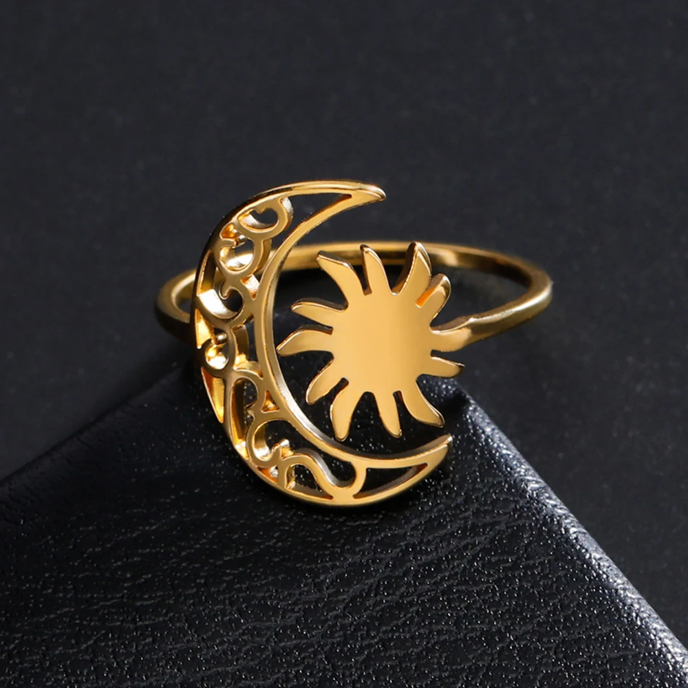 LIKGREAT Bague réglable en acier inoxydable pour hommes et femmes, croissant de lune et soleil, bijoux d'amulette de sorcière, cadeau de mariage esthétique