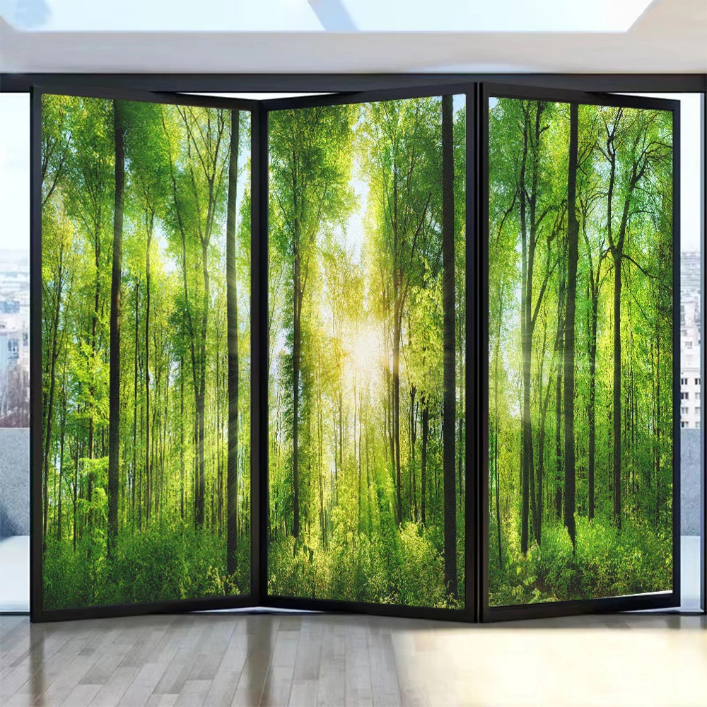 

Privacy Glass Window Film PVC Frosted Anti-UV Static Cling Glass Stickers Sunshine Forest Pattern Bathroom Door Home Decor Film