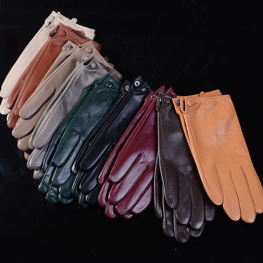 Women\'s Ladies Genuine Leather Thin Lining Goat Skin Shrink Wrist Touch Screen Casual Riding Tactical Short Gloves