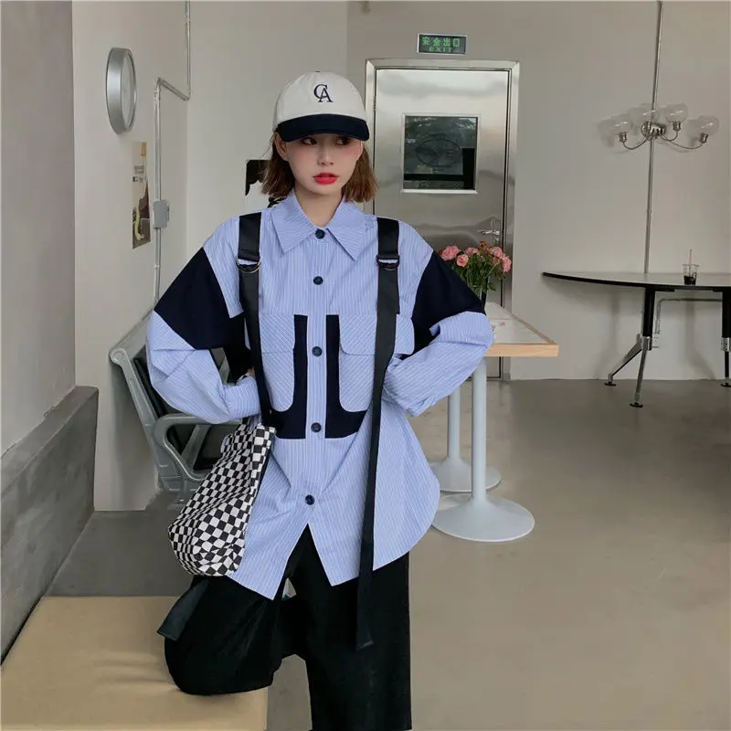

Deeptown Casual Women's Blouse Harajuku Safari Style Oversized Shirt Long Sleeve Button Up Top Chic Outerwear Pockets Stripe New