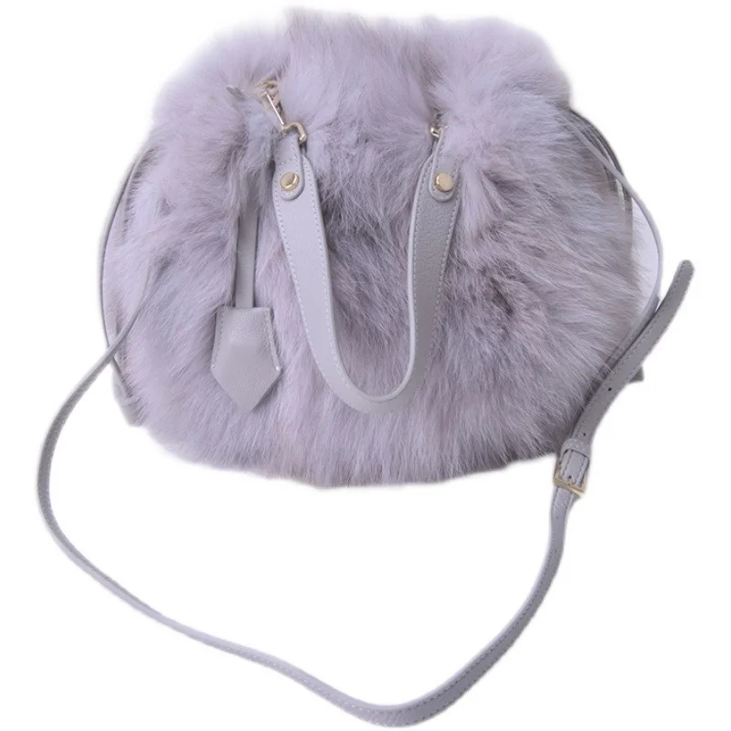 Furry Ladies High Quality Fur Bag Luxury Fox Fur Pull Strap Closed Bucket Bag Fashion Plush Crossbody Fur Bag