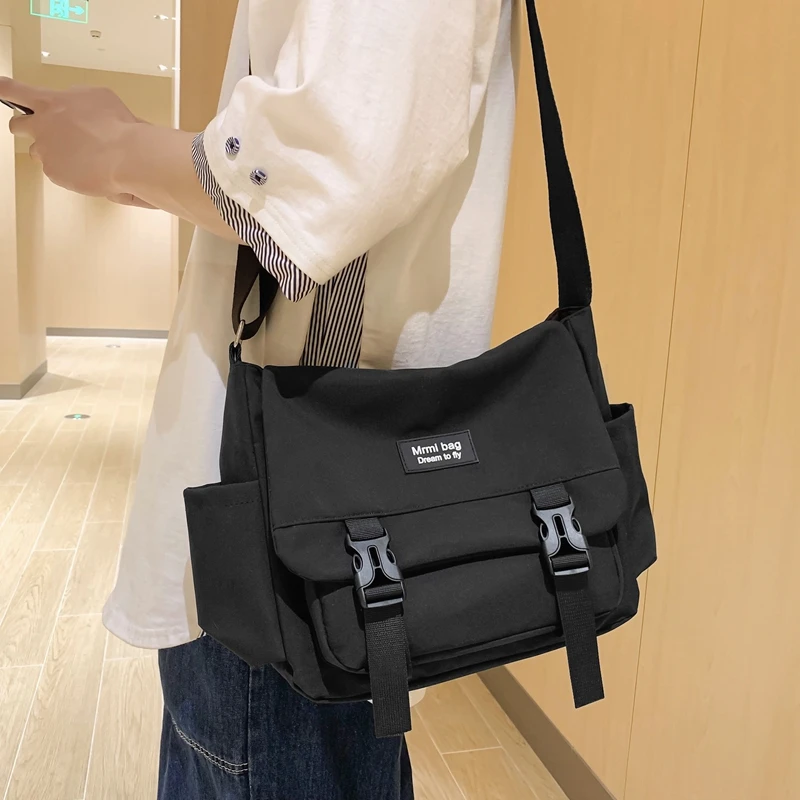 Fashion Buckle Women Shoulder Bag Unisex College Student Schoolbag Cool Boy  Girl Waterproof Nylon Large Capacity Messenger Bag