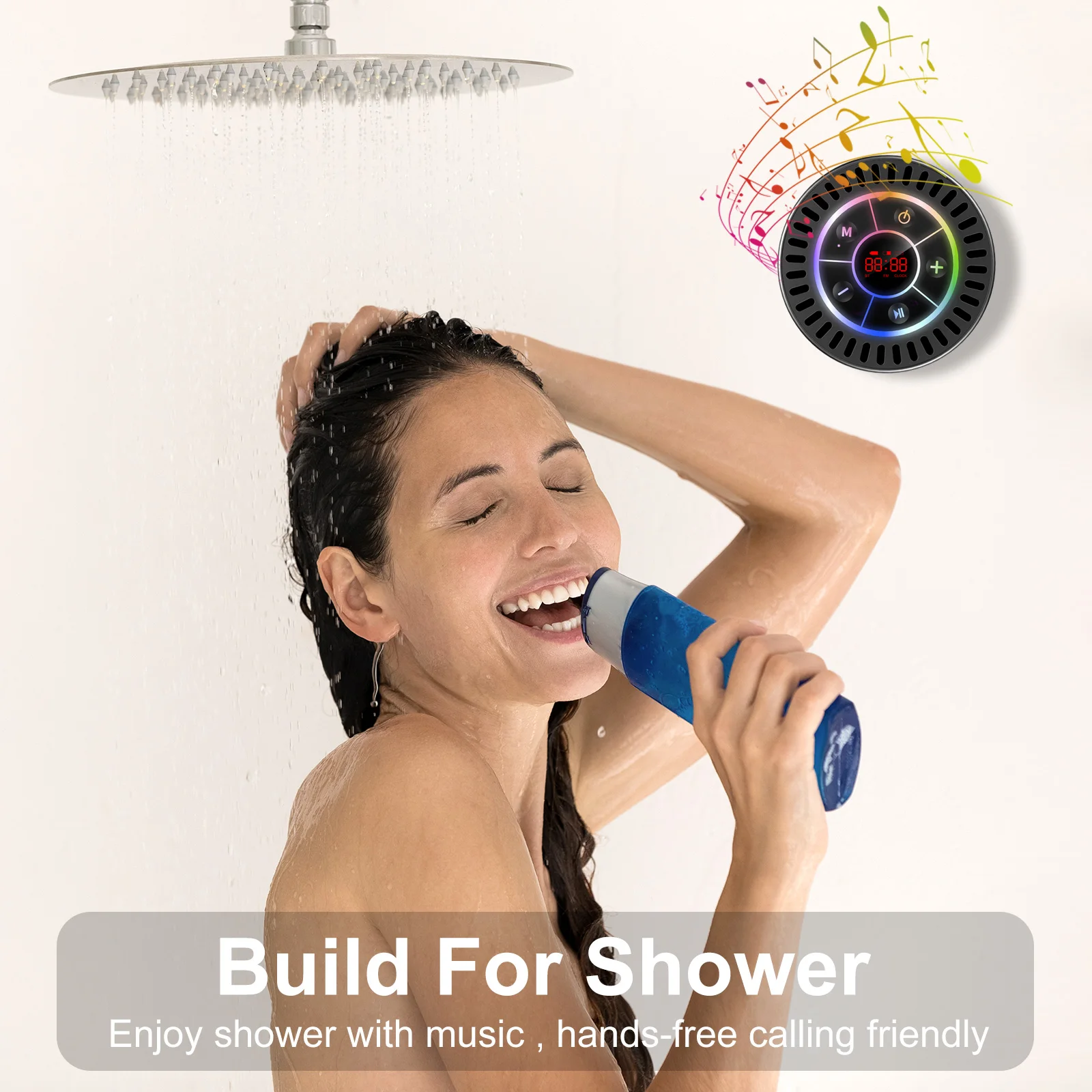 Mini Bluetooth Speaker IPX7 Waterproof Bathroom Sound Box Wireless Handsfree Audio Player with Time Display Suction Cup FM Radio