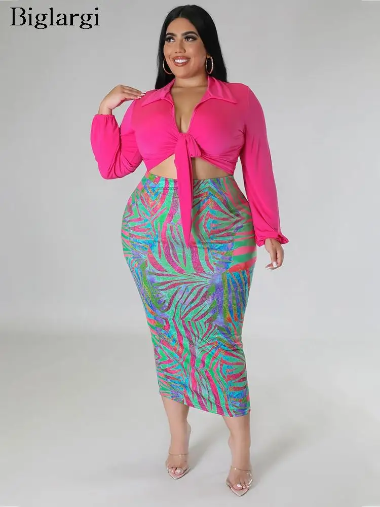 

Plus Size Autumn 2 Two Piece Set Women Sexy Long Sleeve Ladies Cropped Tops Bodycon Fashion Striped Print Woman Long Skirt 2023