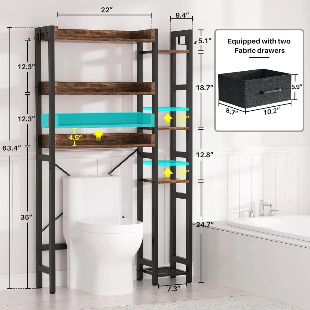 Over The Toilet Storage with 2 Drawers - 7 Tier Bathroom Organizer with Adjustable Shelf, Freestanding Space Saver Storage Rack 3
