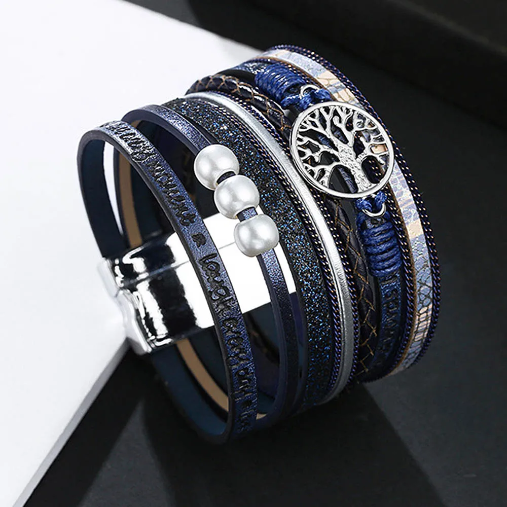

Kirykle Tree of Life Charm Pearl Leather Bracelet for Women Fashion Ladies Bohemian Multilayer Wide Wrap Bracelet Female Jewelry
