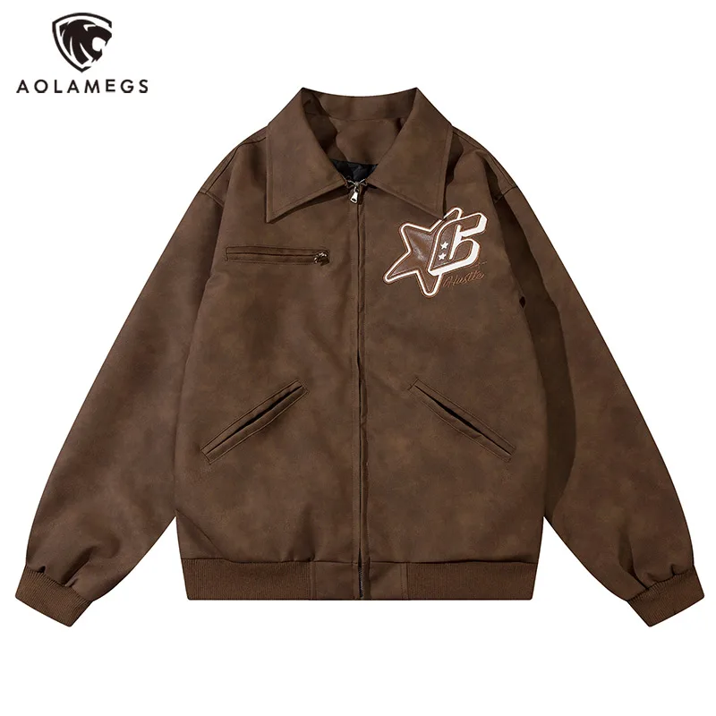 Men Y2K Jacket Five-Pointed Star Design Lapel Zipper Coat Street Hip Hop Outwear American Retro Versatile Couple Suede Jackets