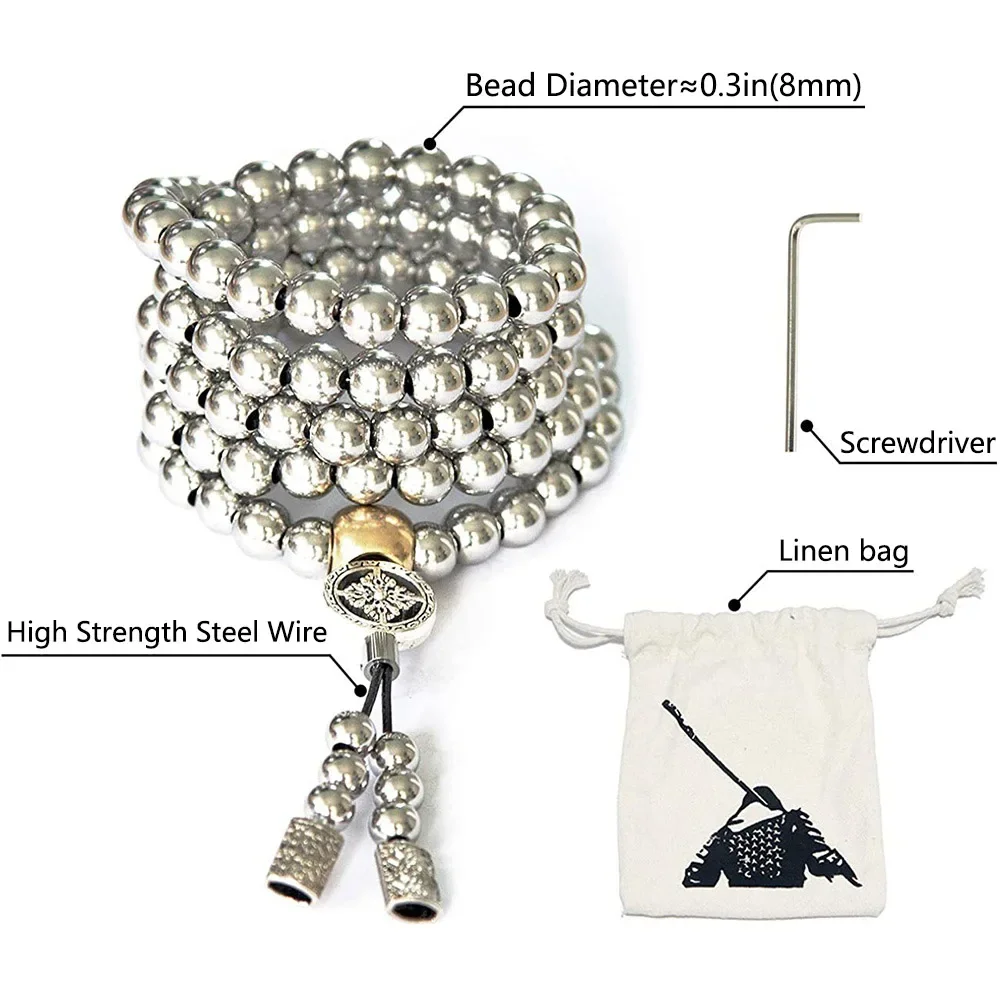 Buddha Beads Necklace and Prayer Hand Bracelet Combo Full Stainless Steel Buddha Beads Necklace & Destiny Nepal Prayer Hand Bracelet Combo for Meditation and Self-defense