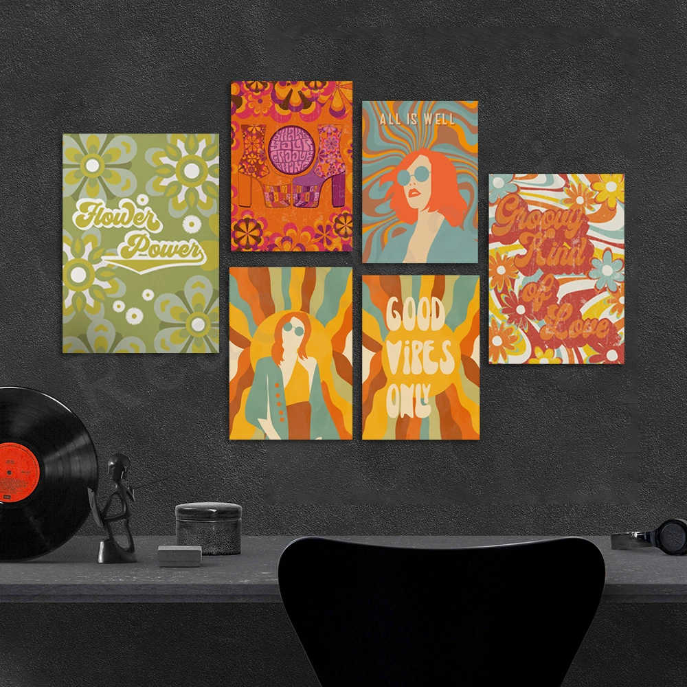 

70's Retro Love Floral Power Peace Hippie Wall Art Canvas Painting Nordic Poster Print Wall Picture Aesthetic Living Room Decor