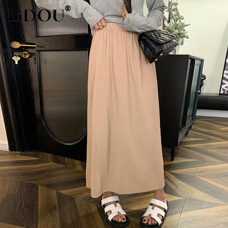 

2023 Summer New Fashion High Street Solid Color Straight Skirt Women High Waist Mid-length Ice Silk Fabric Casual Hip Wrap Skirt