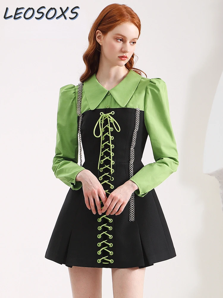 

Female Trend Retro Contrast Dress Women's Chain Lace-up Elegant Polo Collar Waist Slim Puff Sleeve Dresses 2024 Spring Autumn