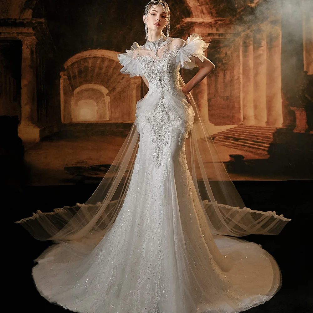 Jancember Exquisite Luxury Wedding Dress 2024 Mermaid High Neck Short Sleeves Watteau Train Beading Lace Robe De Mariée LSMX001 10