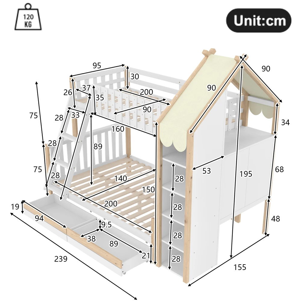 Bunk Bed 90x200cm +140x200cm with Bed Grid Storage Guide House Rail & 2 Drawers-Irregular Fence Design ( Without Mattress )