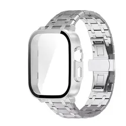 Premium Stainless Steel Band and Tempered Glass Protective Shell with Metal Bracelet Wristband for Realme Watch 5 (Silver - Silver)