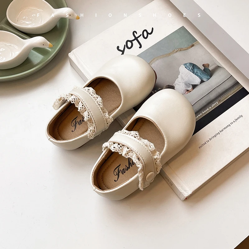 Baby Girls Leather Shoes for Party Wedding Soft Toddlers Kids Mary Janes with Lace Princess Sweet Children Flats Spring New