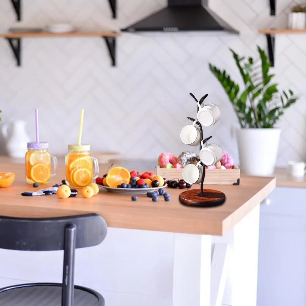 

Countertop Mug Storage Tea Cup Stand Countertop Metal Water Cup Storage Rack with Wooden Base Tea Coffee Mug Holder Tree for 4