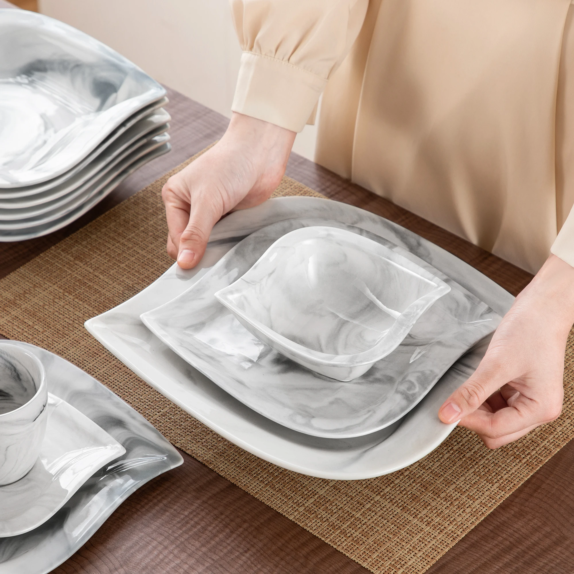 MALACASA 36-teiliges Geschirrset aus elfenbeinweißem Marmor und grauem Keramikteller-Set mit 6-teiligem Speiseteller/Dessert/Suppe/Tasse/Untertasse/Schüssel – Detail 8