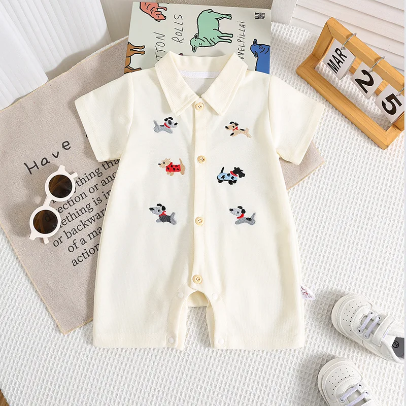 2025 Summer Comfortable Thin Baby Newborn Items Short-Sleeve Turn-Down Collar & Adorable Puppy Embroid Unisex Baby Romper