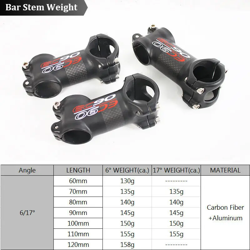Aluminum Alloy+Carbon Fiber Bicycle Stem 60-120mm 6/17 Degree 1-1/8'' Bike Handl