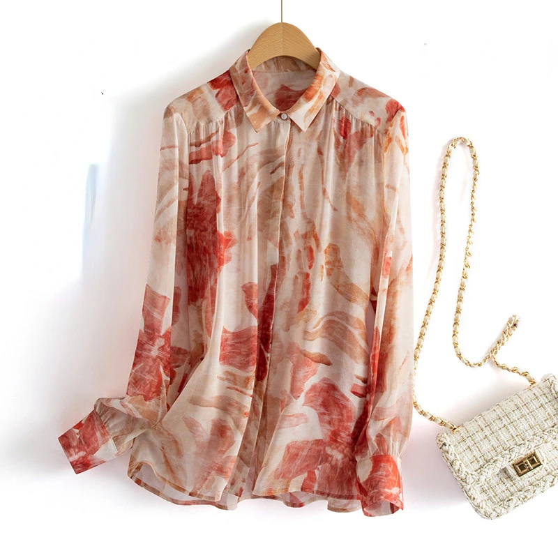 

100% Real Silk Blouse Women Vintage Printed Turn Down Collar Long Sleeve Elegant Casual Top New Fashion Shirts