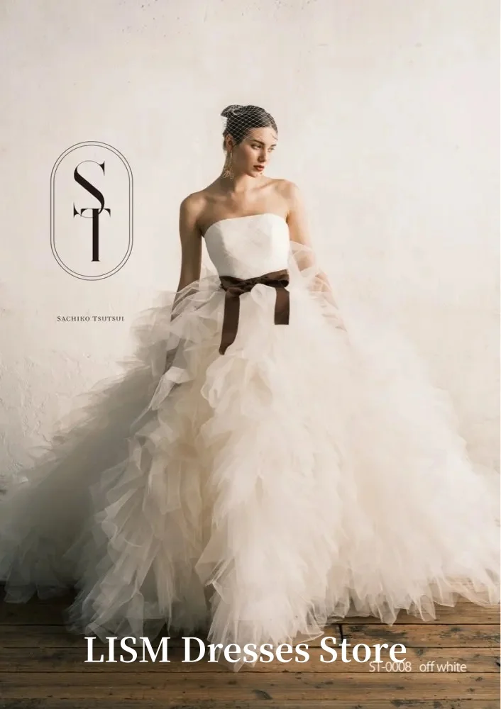 LISM One Line Collar A-Line Japan Wedding Dresses Removable Soft Tulle Strapless Tiered Layered Elegant Evening Gowns Customized