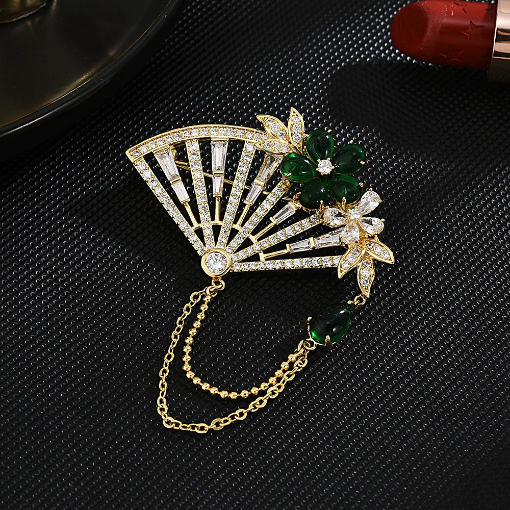 Vintage Fan Brooches for Women Green Crystal Flower Tassel Lapel Pins Women's Dress Accessories Jewelry Birthday Holiday Gifts