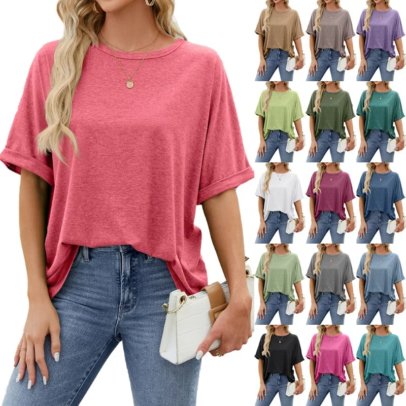 

2024 Europe and the United States summer new solid color round neck refreshing loose short-sleeved T-shirt tops female