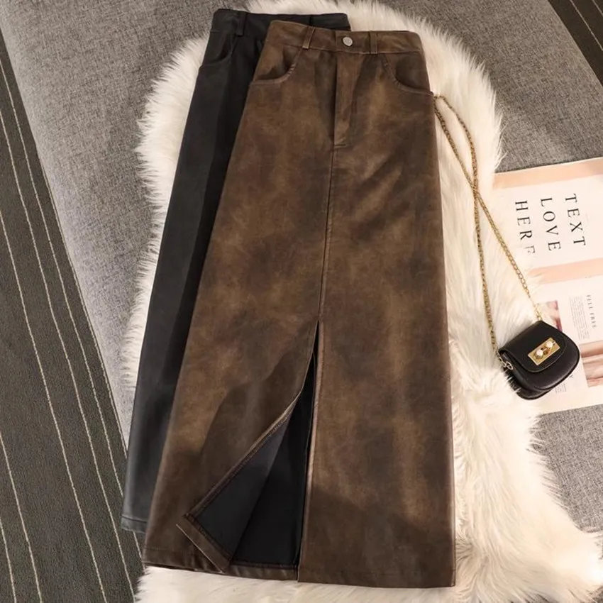 

Slim PU Faux Leather Skirts Women Autumn Winter New Package Hip Long PU Jupe Chic Split Designed Fashion Solid Mujer Faldas