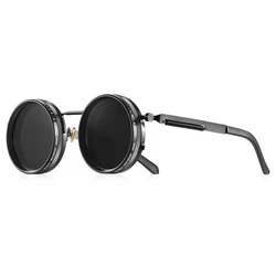 Polarized Round Retro Punk Sunglasses with Adjustable Dimming and UV400 Protection (Black)