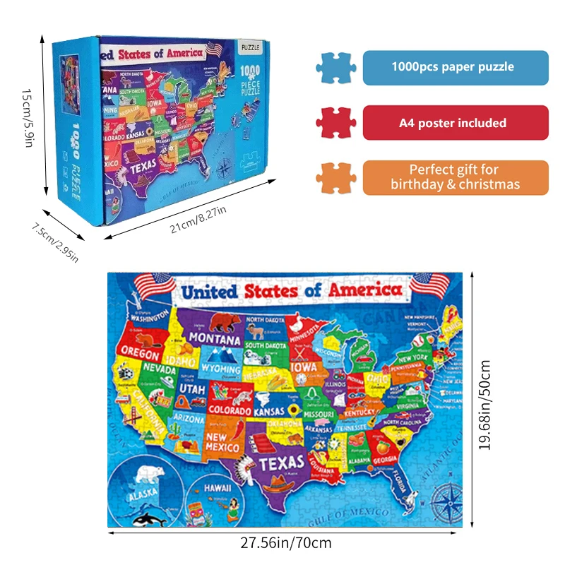 High Quality 70cm*50cm 1000pcs USA MAP Jigsaw Puzzle Adult Stress Relief Beautiful Landscape Puzzle Wall Decor 2
