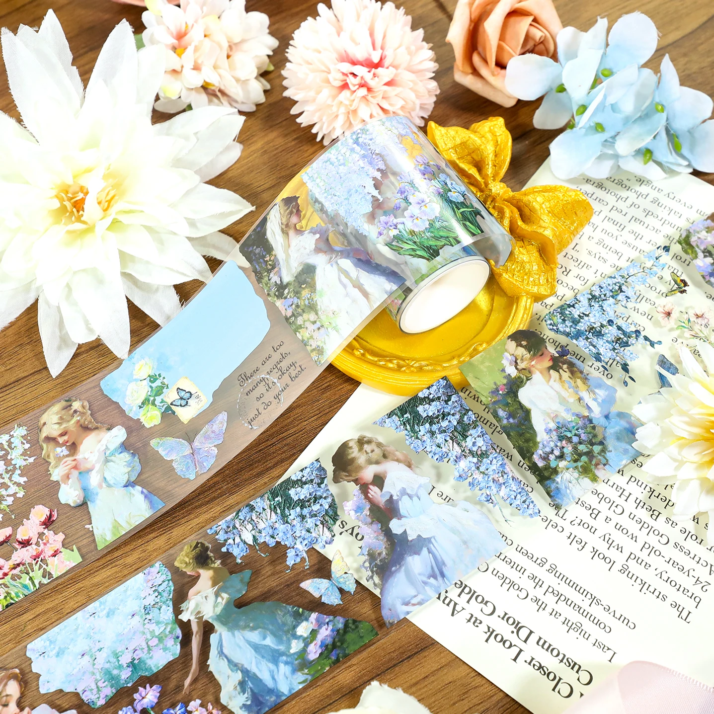 2m/롤 아름다운 아가씨 투명 PET 테이프 꽃 마스킹 테이프 3D 크리스탈 잉크 장식 스티커 일기장/스크랩북/저널용