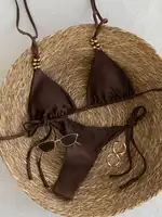 Brown Elegance - Metal Beaded Triangle Bikini Swimsuit