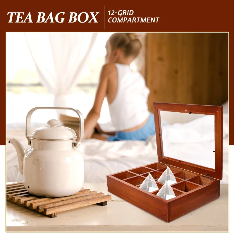 Description Picture 2 of item12 Tea Bag Storage Box Transparent Acrylic 12 Grid Compartment Teabag Holder Household ganizer Coffee Station Creative Tea Box