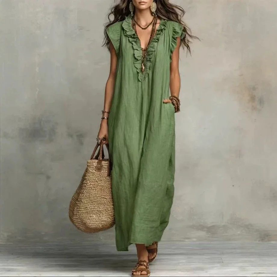 Women Boho Cotton Linen Ruffle V Neck Long Dresse - Image 4