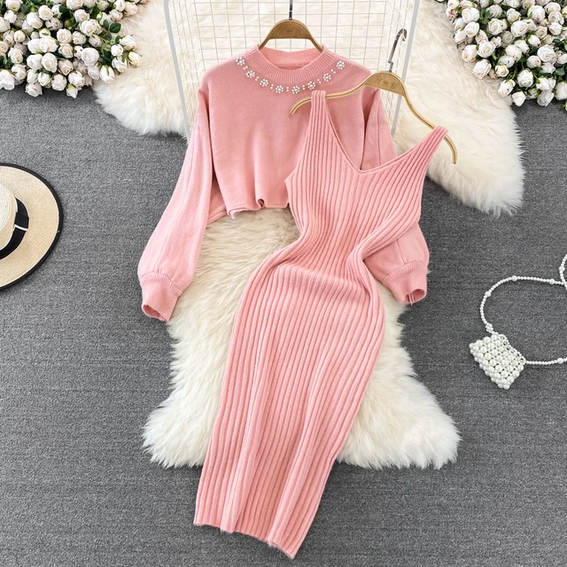 Stylish and affordable dress for women - Celebrity O Neck High Waist Sweater Two-piece Hot Girl Knitted Vest Maxi Ribbed Basic Pink Dress Female Robe Vestidos Elegantes