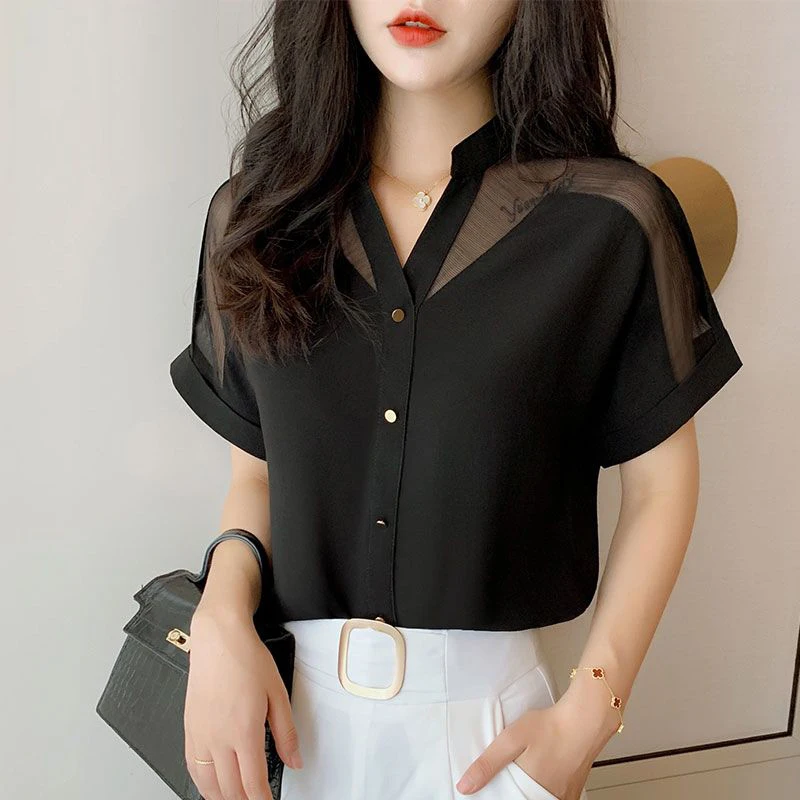 Spring Autumn Casual Fashion Mesh Patchwork Short Sleeve Shirt Lady Solid Color V-neck Chiffon Blouse Women Elegant Buttons Top