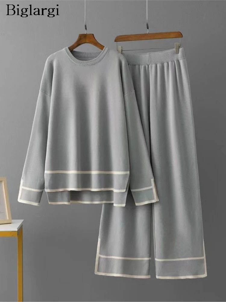 Women's two-piece set with knitted striped print for women, long sleeves, casual mode, women's blouses, wide leg, loose, Korean style, women's pants, autumn.