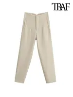 TRAF أزياء نسائية أنيقة مع التماس التفاصيل مكتب ارتداء السراويل خمر عالية الخصر سستة يطير الإناث الكاحل بنطلون Mujer 1