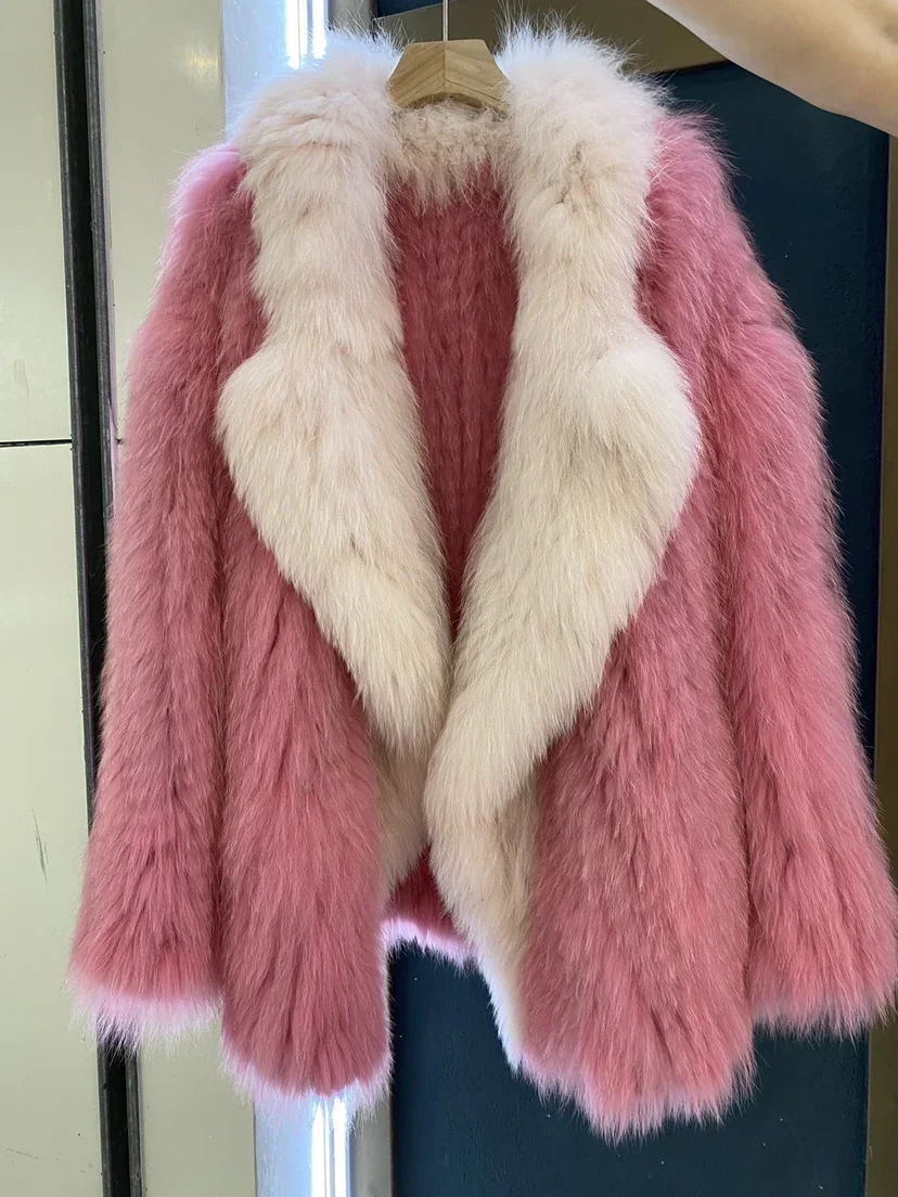 

Fox Hair Double-sided Woven Lapel Fluffy Fur Coat Wooden Contrast Color Medium Long Loose 2023 Autumn Winter Jackets for Women