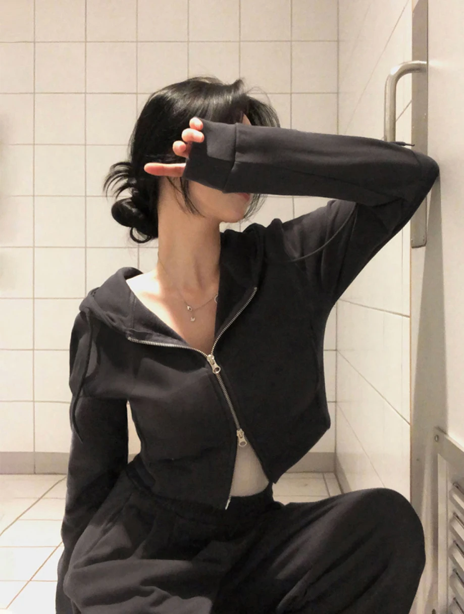 Korean Fashion Streetwear 2-piece Pants Set Women Tracksuit Autumn New Hooded Zip-up Crop Top Long Pants Casual Solid Outfits