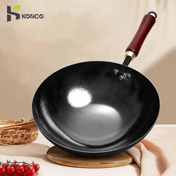 30/32/34cm Iron Wok Chinese Traditional Hand Forged Iron Pot Non-coated Pot Wooden Handle Wok For Gas Cookware Pan