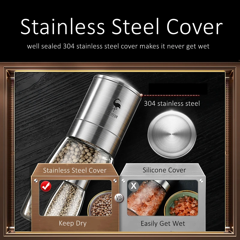 LFGB Certificated 304 Stainless Steel and High Borosilicate Glass Pepper Transparency Anti-fall Mill Salt Cumin Spice Grinder