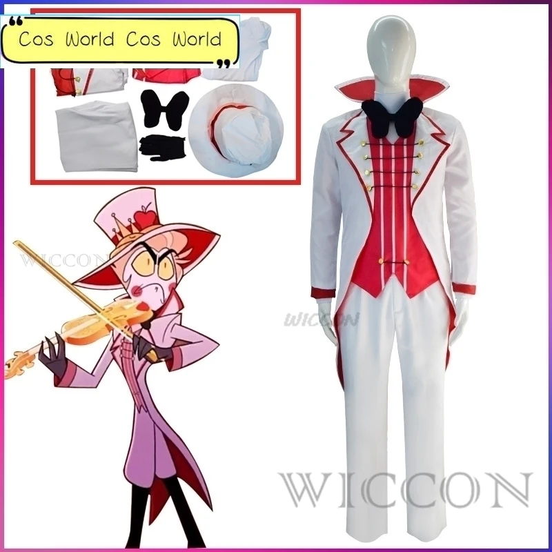 

Anime Hazbin Cosplay Lucifer Hotel Morningstar King Costume Hat Daddy White Suit Devil Hell Halloween Party Adult Men Costume