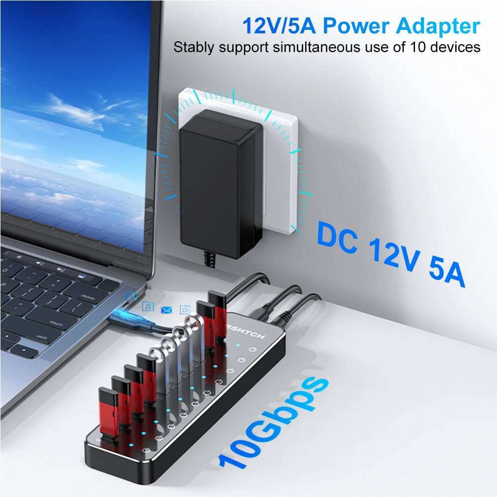 RSHTECH 10 In 1 USB C Hub 10Gbps USB-C With Individual Touch Switches Multiport Splitter Docking Station For MacBook_voghion.com