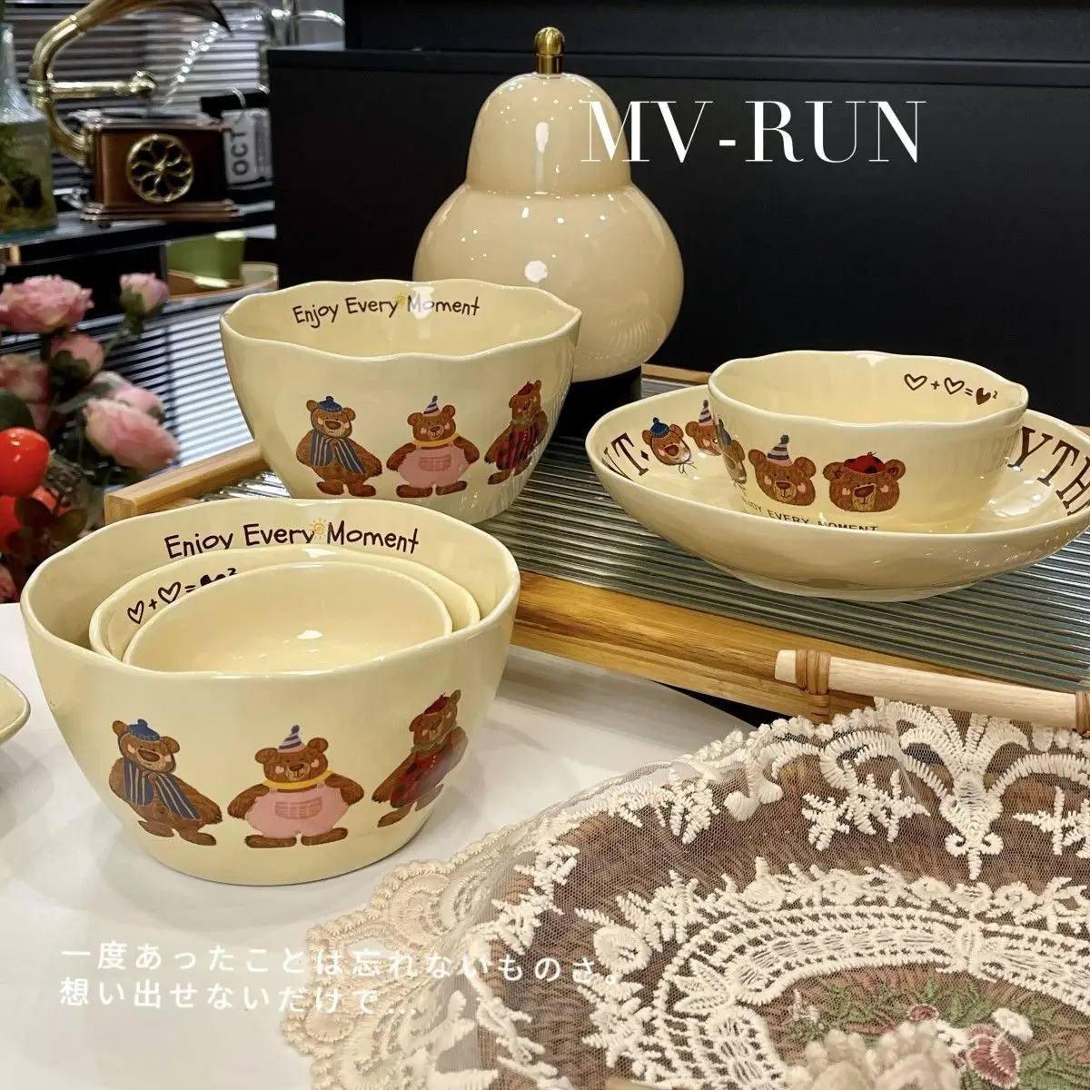 Korean Three Little Bear Cartoon Bowls - Cute Ceramic Tableware Set