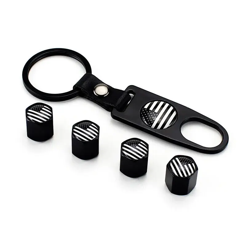 

5pcs White Black Metal USA American Flag Tire Air Valve Stem Caps Key Ring KeyChain Car Accessories